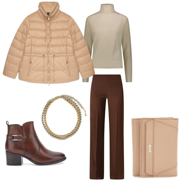 Outfit donna - Sand & Cream Elegance. Stile Urban per Tutti i giorni. Abbinamento con pantaloni a palazzo, piumini, portafogli, maglieria, stivaletti, collane.
