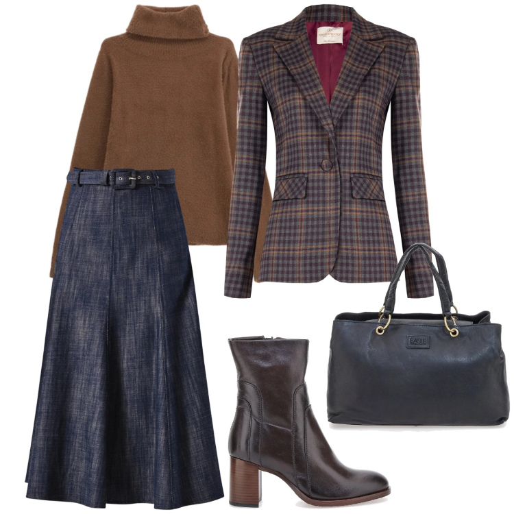 Outfit donna - A lavoro. per Ufficio. Abbinamento con gonne longuette, blazer, maglieria, stivaletti, borse a mano.
