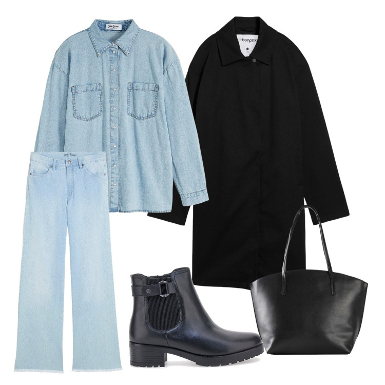 Outfit donna - Semplice ma non banale. Stile Casual per Scuola/Università. Abbinamento con jeans, camicie, shopping bag, trench, stivaletti.