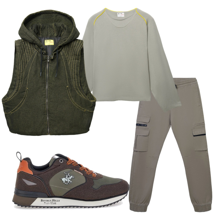 Outfit uomo - Total look #2335251. Stile Urban per Tutti i giorni. Abbinamento con pantaloni cargo, gilet, t-shirt, sneakers.