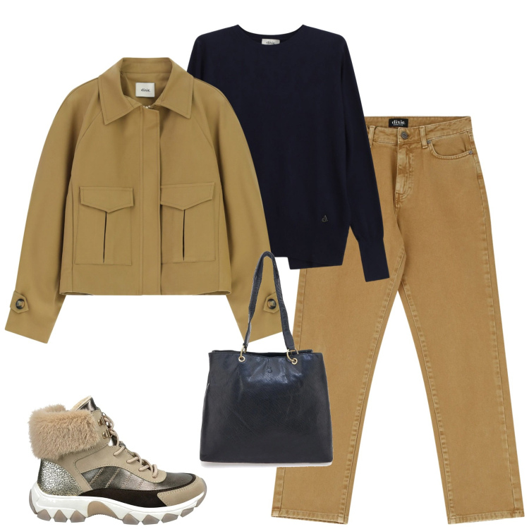 Outfit donna - City. Stile Casual per Tutti i giorni. Abbinamento con maglieria, pantaloni, bomber, shopping bag, anfibi.