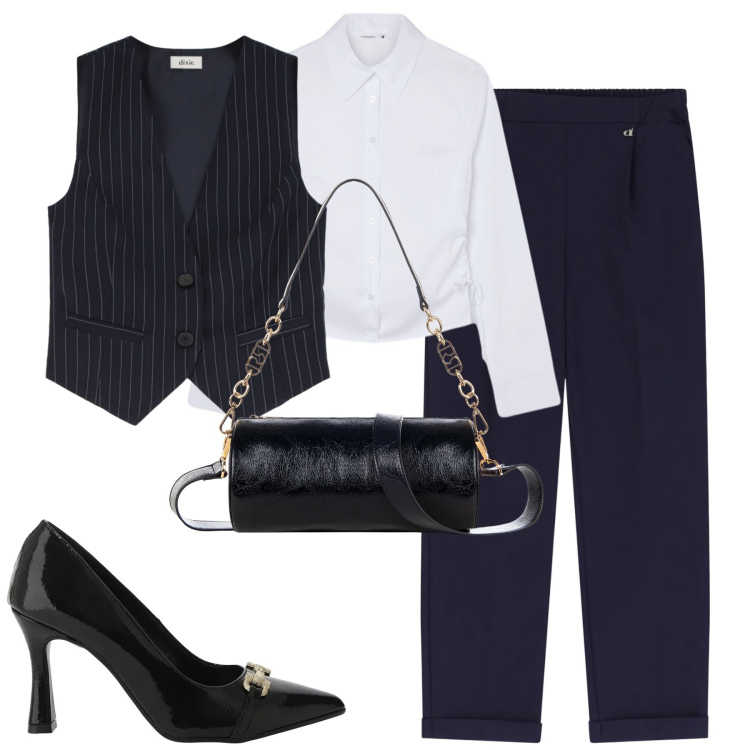 Outfit donna - City. Stile Urban per Tutti i giorni. Abbinamento con décolleté, pantaloni, gilet, camicie, borse a mano.