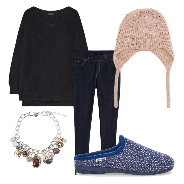 Outfit donna - Bella anche a casa. Stile Casual chic per Tutti i giorni. Abbinamento con jeggings, braccialetti con ciondoli, berretti, pullovers, pantofole.