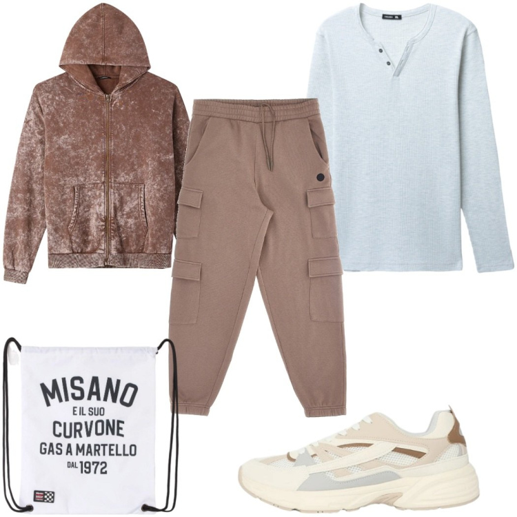 Outfit uomo - Total look #2335284. Stile Trendy per Sport. Abbinamento con borse sportive, t-shirt, sneakers, felpe con cappuccio, pantaloni cargo.