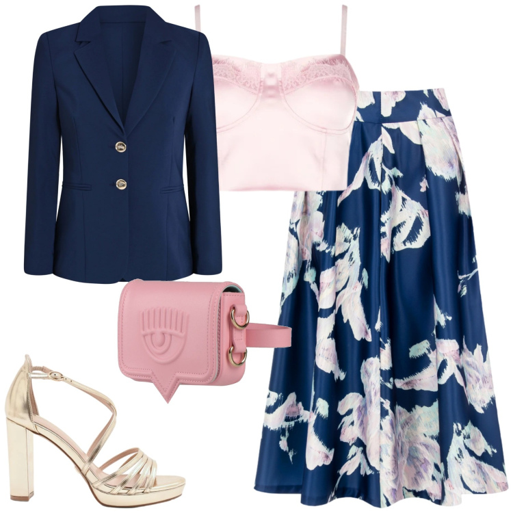 Outfit donna - Cerimonia. Stile Chic per Cerimonia. Abbinamento con marsupi, gonne longuette, blazer, sandali col tacco, top.