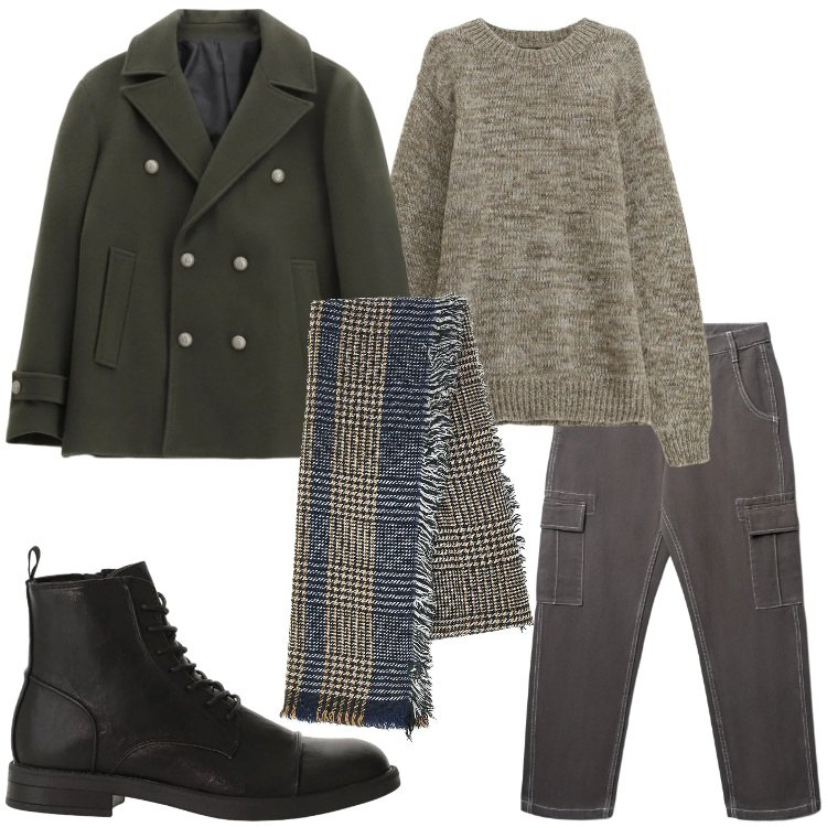 Outfit uomo - Weekend di febbraio. Stile Trendy per Tutti i giorni. Abbinamento con maglieria, anfibi, cappotti, pantaloni cargo, sciarpe.