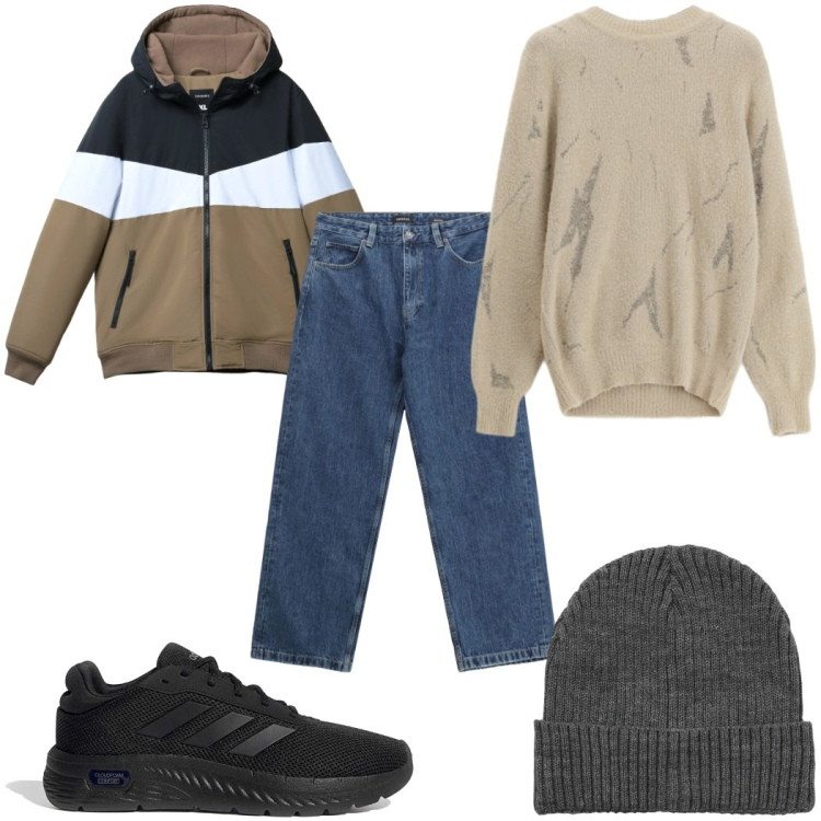 Outfit uomo - Total look #2335296. Stile Trendy per Tutti i giorni. Abbinamento con jeans, maglieria, piumini, berretti, sneakers.