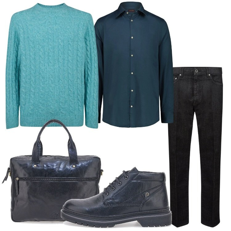 Outfit uomo - Una borsa per l\'ufficio. Stile Business/Elegante per Ufficio. Abbinamento con jeans, camicie, maglieria, borse sportive, scarpe stringate.