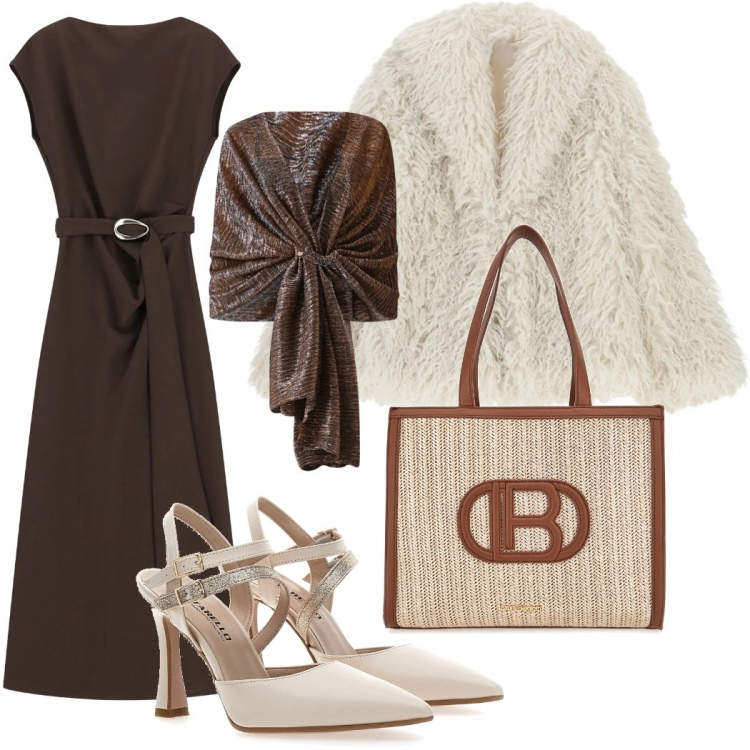 Outfit donna - Cioccolato bianco nero. Stile Romantica per Serata fuori. Abbinamento con vestiti lunghi, ecopellicce, stole, borse a spalla, décolleté.