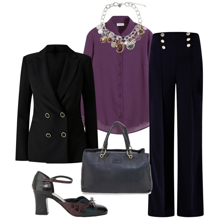 Outfit donna - Total look #2335302. Stile Chic per Serata fuori. Abbinamento con camicie, décolleté, braccialetti con ciondoli, pantaloni, blazer, borse a mano.