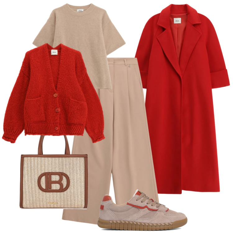 Outfit donna - Layering rossocuore-@danipoetessa73. Stile Casual chic per Tutti i giorni. Abbinamento con pantaloni a palazzo, cardigans, cappotti, maglieria, borse a spalla, sneakers.