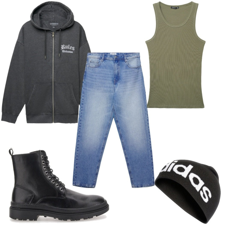 Outfit uomo - Total look #2335305. Stile Urban per Tutti i giorni. Abbinamento con jeans, canottiere, felpe con cappuccio, anfibi, berretti.