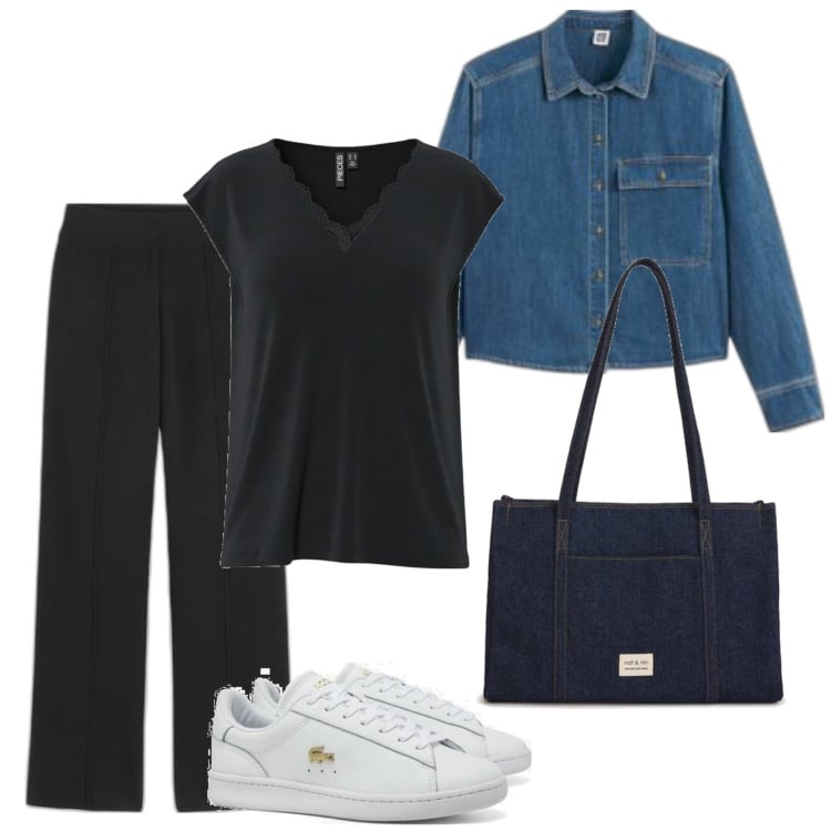 Outfit mujer - Casual look. Estilo Casual para Todos los días. Combinación con camiseta, bolso tote, pantalones, sneakers, camisas.