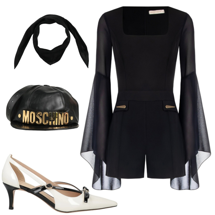 Outfit donna - Rinascimento. Stile Glamour per Serata fuori. Abbinamento con sciarpe, marsupi, décolleté, tuta corta.