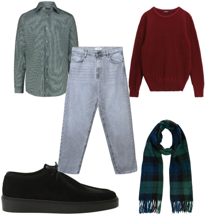 Outfit uomo - Total look #2335315. Stile Trendy per Tutti i giorni. Abbinamento con scarpe stringate, maglieria, jeans, camicie, sciarpe.