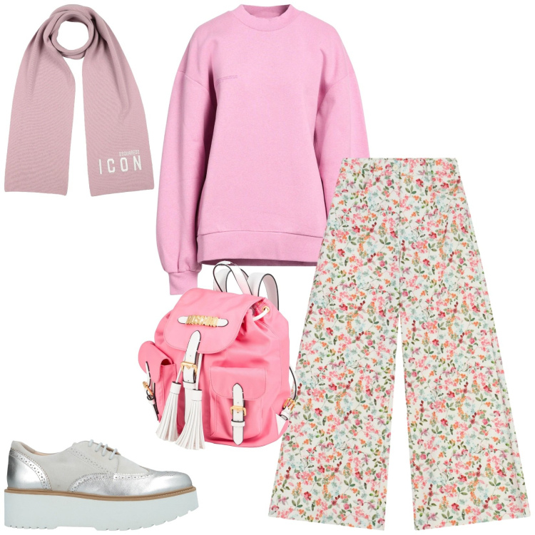 Outfit donna - Total look #2335322. Stile Casual per Tutti i giorni. Abbinamento con scarpe stringate, zaini, felpe, sciarpe, pantaloni a palazzo.