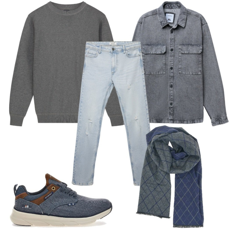 Outfit uomo - Total look #2335323. Stile Casual per Tutti i giorni. Abbinamento con jeans strappati, cappotti, sciarpe, sneakers, maglieria.