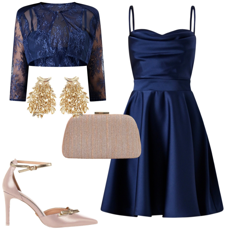 Outfit donna - Cerimonia. Stile Chic per Tutti i giorni. Abbinamento con orecchini, décolleté, vestiti corti, bolero, pochette.