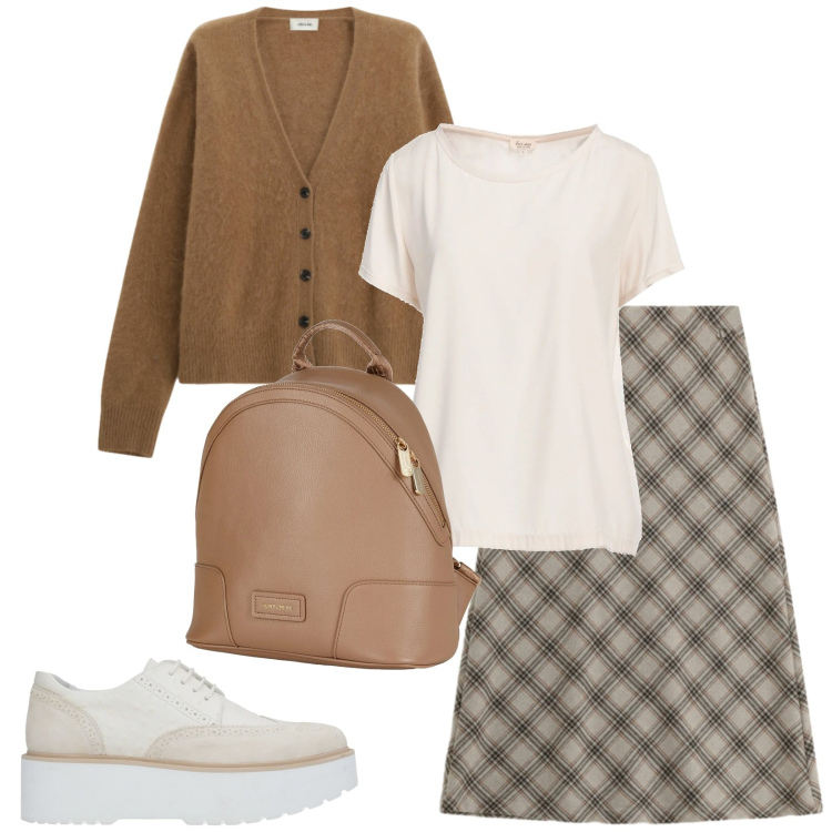 Outfit donna - Total look #2335343. Stile Casual chic per Tutti i giorni. Abbinamento con scarpe stringate, top, zaini, cardigans, gonne longuette.