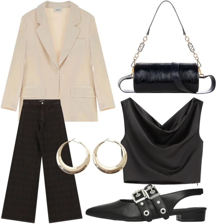 Outfit donna - Nero e bianco. Stile Minimal per Tutti i giorni. Abbinamento con top, orecchini, blazer, ballerine, borse a mano, pantaloni a palazzo.