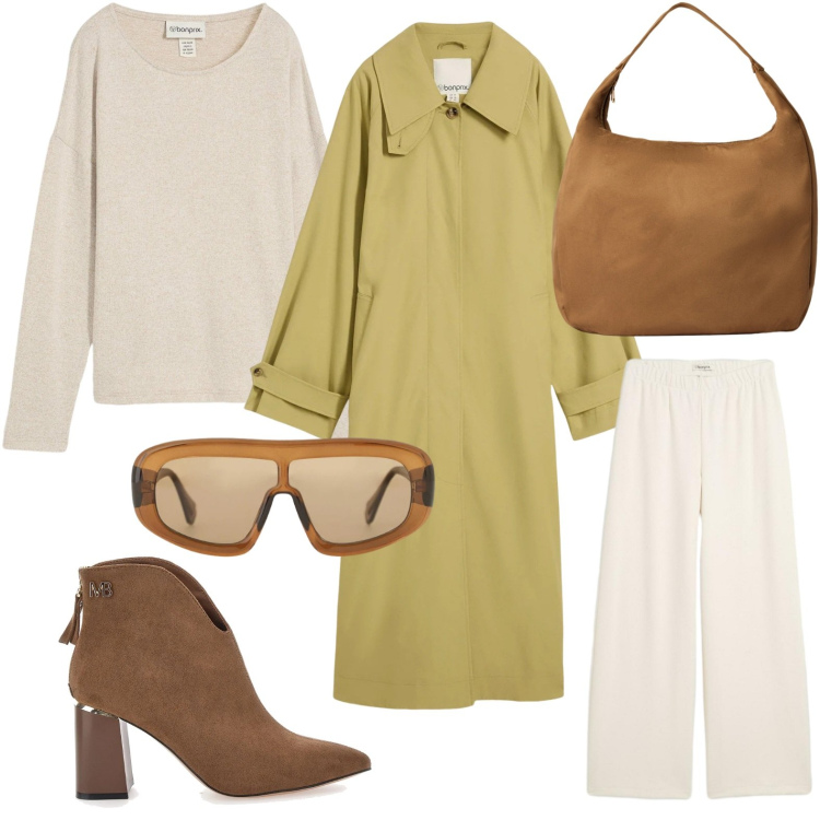 Outfit donna - Il cappotto lime. Stile Glamour per Tutti i giorni. Abbinamento con maglieria, pantaloni, trench, occhiali da sole, borse a mano, stivaletti.