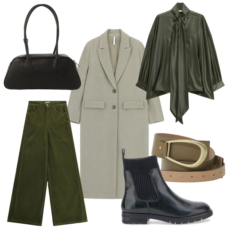 Outfit donna - Il cappotto salvia. Stile Minimal per Tutti i giorni. Abbinamento con cappotti, borse a mano, cinture, pantaloni a palazzo, camicie, stivaletti.