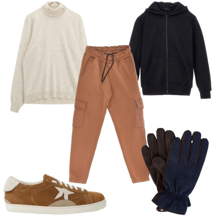 Outfit uomo - Total look #2335350. Stile Trendy per Tutti i giorni. Abbinamento con maglieria, sneakers, felpe con cappuccio, pantaloni cargo, guanti.