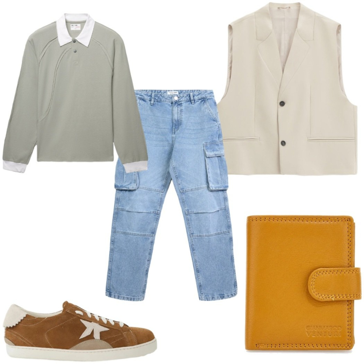 Outfit uomo - Total look #2335352. Stile Trendy per Tutti i giorni. Abbinamento con gilet, sneakers, polo, jeans, portafogli.