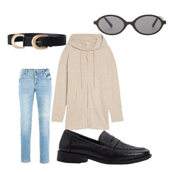 Outfit donna - sono pronta se esce il sole. Stile Sporty chic per Tutti i giorni. Abbinamento con jeans dritti, mocassini, cardigans, occhiali da sole, cinture.