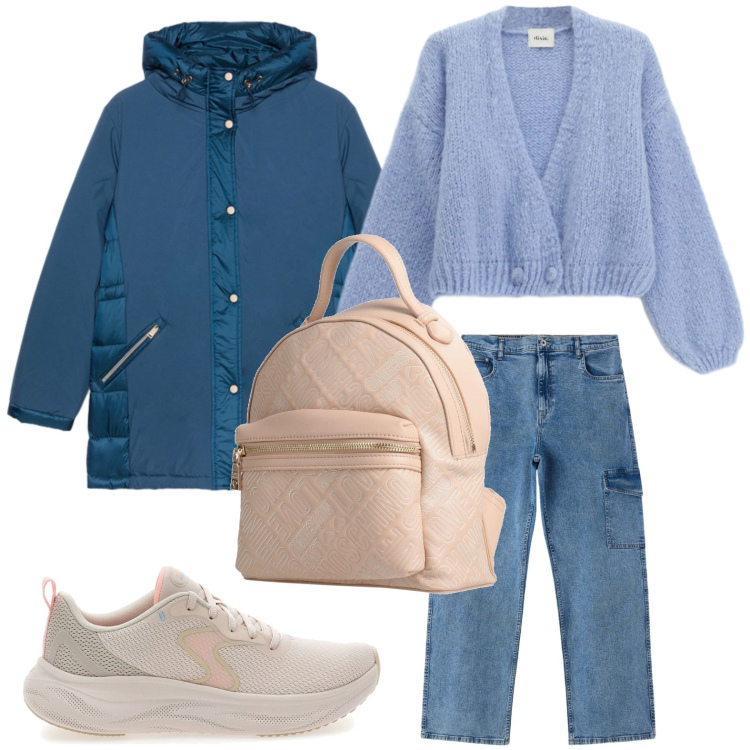 Outfit donna - Jeans e sneakers. Stile Casual per Tutti i giorni. Abbinamento con zaini, cardigans, jeans dritti, piumini, sneakers.