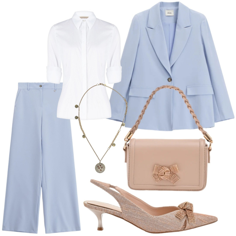 Outfit donna - Cerimonia. Stile Minimal per Tutti i giorni. Abbinamento con ciondoli, pantaloni a palazzo, blazer, camicie, décolleté, pochette.