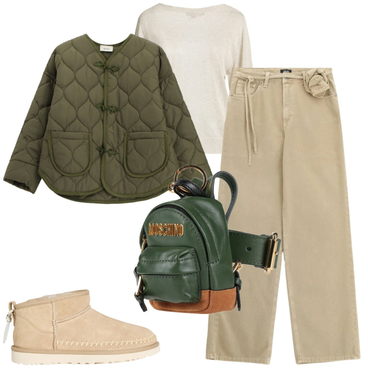 Outfit donna - Febbraio. Stile Casual chic per Tutti i giorni. Abbinamento con marsupi, pullovers, stivaletti, giacche, pantaloni a palazzo.