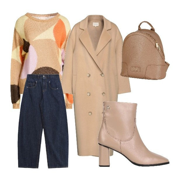 Outfit donna - Minimal col cappotto doppiopetto. Stile Minimal per Ufficio. Abbinamento con pullovers, stivaletti, zaini, cappotti, jeans.