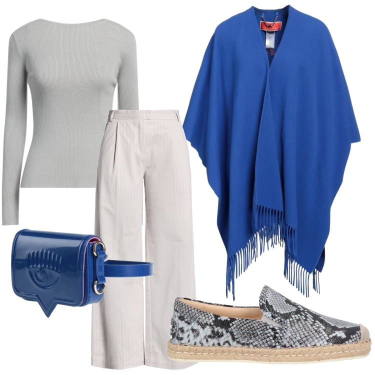 Outfit donna - Il poncho bluette. Stile Minimal per Tutti i giorni. Abbinamento con pantaloni, cappe, marsupi, pullovers, espadrillas.