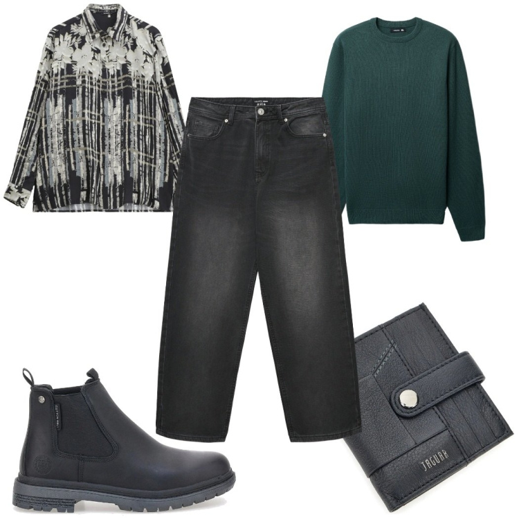 Outfit uomo - Total look #2335364. Stile Trendy per Tutti i giorni. Abbinamento con maglieria, jeans dritti, camicie, portafogli, stivali e stivaletti.