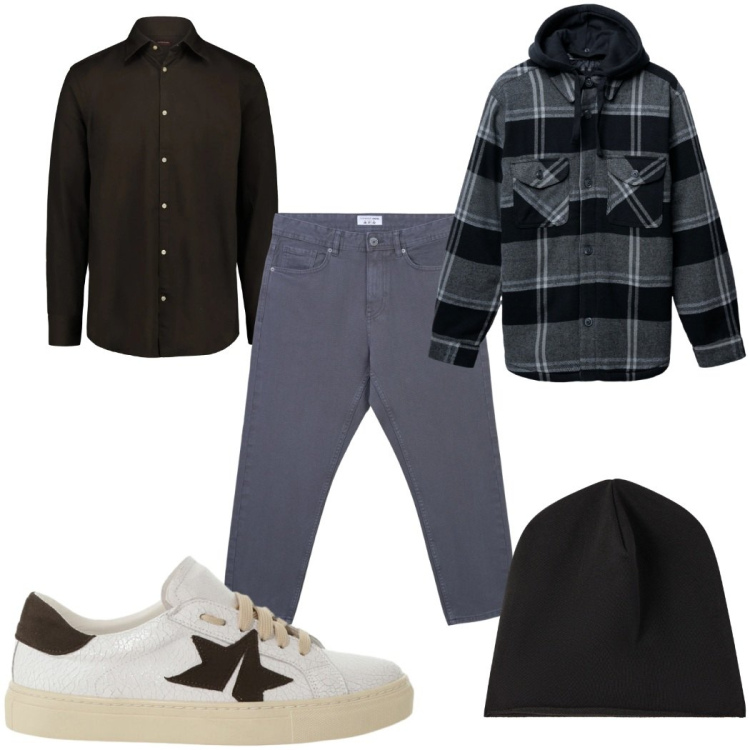 Outfit uomo - Total look #2335365. Stile Casual per Tutti i giorni. Abbinamento con sneakers, jeans, berretti, giacche, camicie.