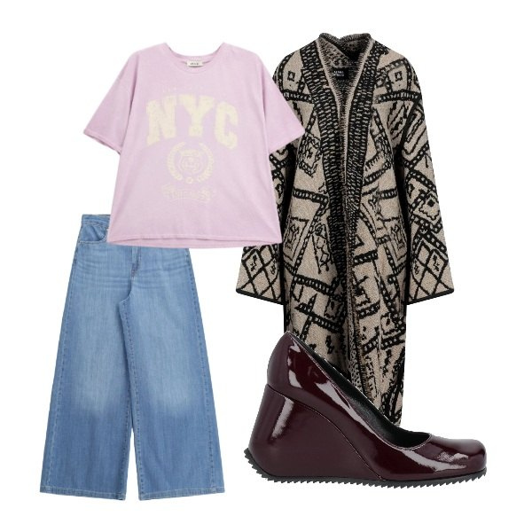 Outfit donna - cozy. Stile Trendy per Tutti i giorni. Abbinamento con cardigans, décolleté, jeans, t-shirt.