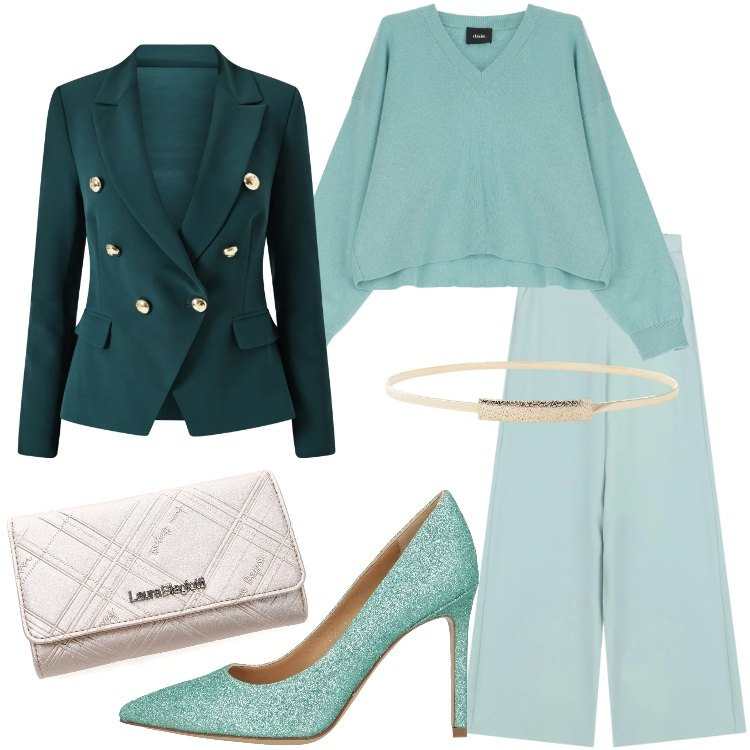 Outfit donna - Décolleté mania. Stile Trendy per Serata fuori. Abbinamento con décolleté, cinture, maglieria, pantaloni a palazzo, blazer, portafogli.