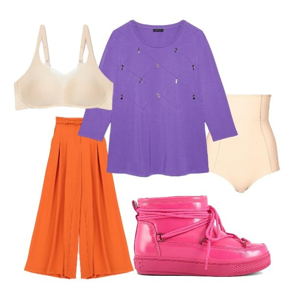 Outfit donna - coloratissima. Stile Trendy per Tutti i giorni. Abbinamento con culotte, pantaloni a palazzo, stivali da neve, t-shirt, reggiseni.