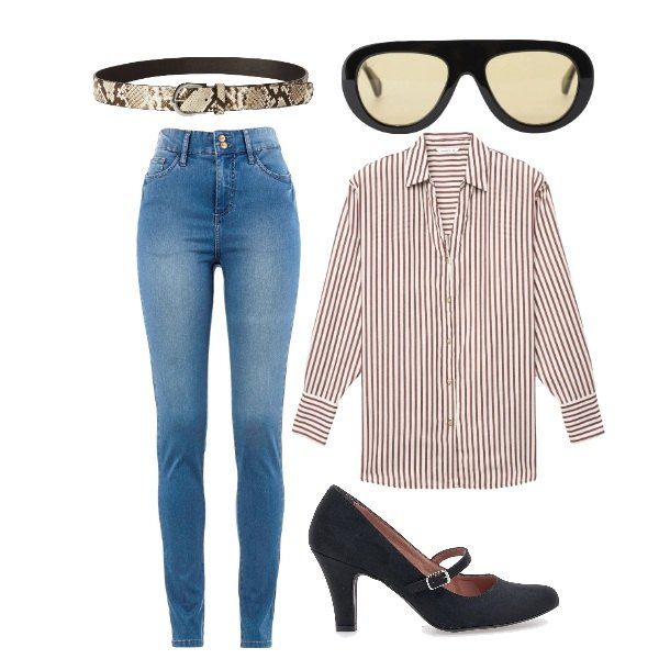 Outfit donna - stilosa con la camicia. Stile Casual chic per Tutti i giorni. Abbinamento con jeans slim fit, occhiali da sole, cinture, camicie, décolleté.