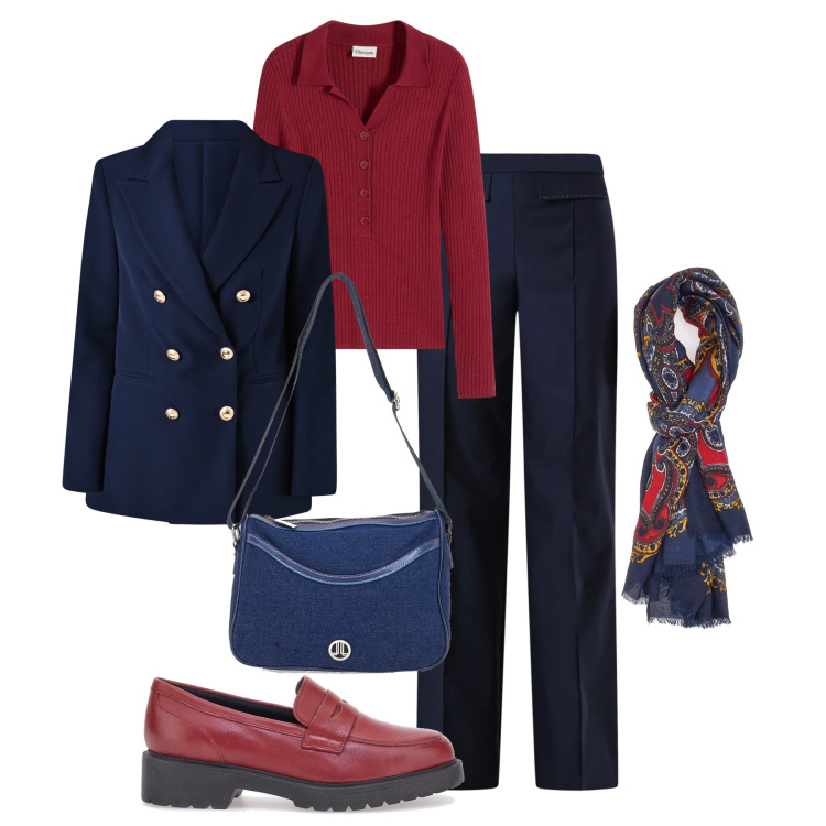 Outfit donna - Foulard in primo piano. Stile Glamour per Tutti i giorni. Abbinamento con maglieria, blazer, pantaloni, mocassini, foulard, borse a tracolla.