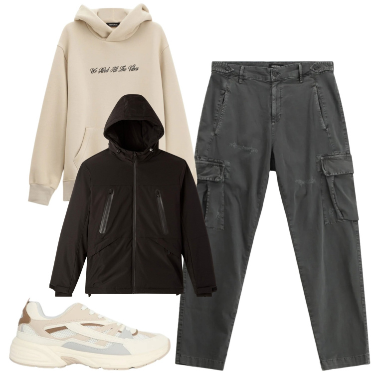 Outfit uomo - Weekend. Stile Casual per Tutti i giorni. Abbinamento con giacche, sneakers, pantaloni cargo, felpe con cappuccio.