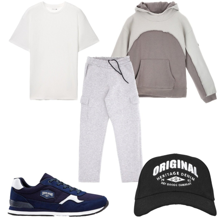 Outfit uomo - Total look #2335384. Stile Trendy per Tutti i giorni. Abbinamento con sneakers, cappelli con visiera, t-shirt, pantaloni cargo, felpe con cappuccio.