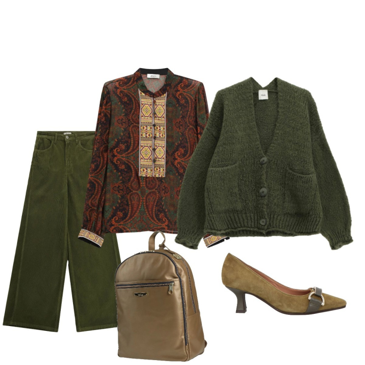 Outfit donna - Etnico e décolleté. Stile Etnico per Tutti i giorni. Abbinamento con zaini, décolleté, pantaloni a palazzo, cardigans, camicie.