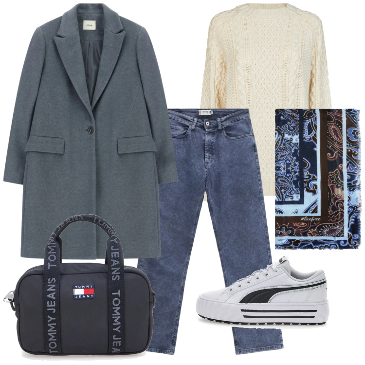 Outfit donna - Giornata in giro. Stile Basic per Tutti i giorni. Abbinamento con cappotti, jeans dritti, sneakers, maglieria, foulard, borse a tracolla.