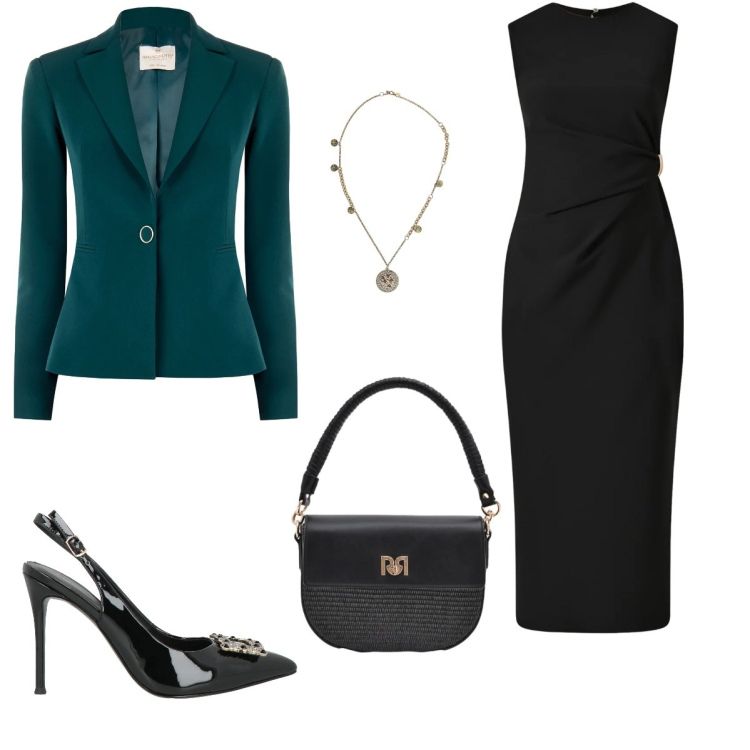 Outfit donna - Serata elegante. Stile Chic per Serata fuori. Abbinamento con décolleté, ciondoli, vestiti a tubino, blazer, borse a spalla.