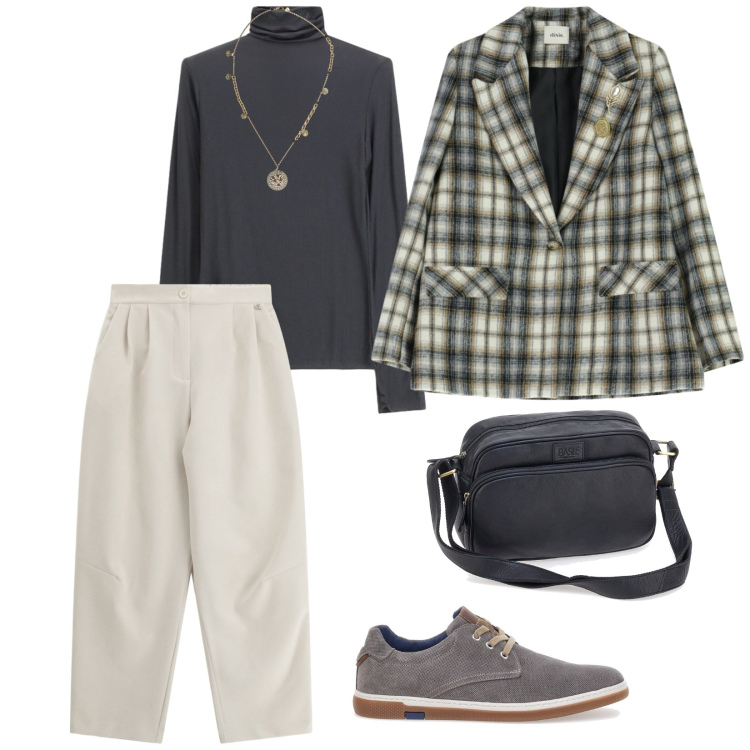 Outfit donna - La giacca a quadri. per Ufficio. Abbinamento con pantaloni a palazzo, ciondoli, blazer, t-shirt, scarpe stringate, borse a tracolla.