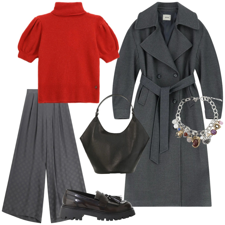 Outfit donna - Dixe febbraio. per Tutti i giorni. Abbinamento con braccialetti con ciondoli, mocassini, pantaloni a palazzo, cappotti, borse a spalla, maglieria.