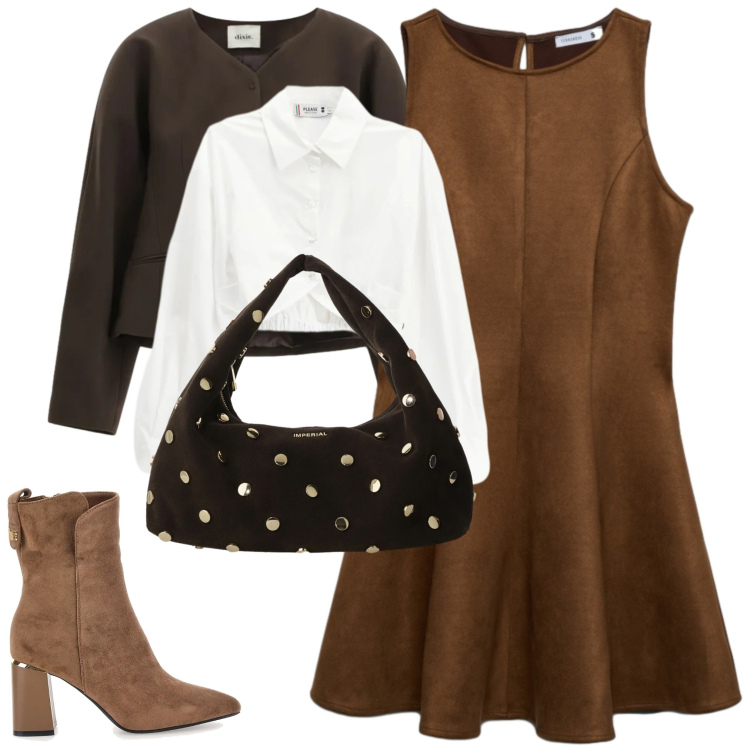 Outfit donna - Total look #2335400. Stile Casual per Tutti i giorni. Abbinamento con borse a spalla, blazer, vestiti corti, camicie, stivaletti.