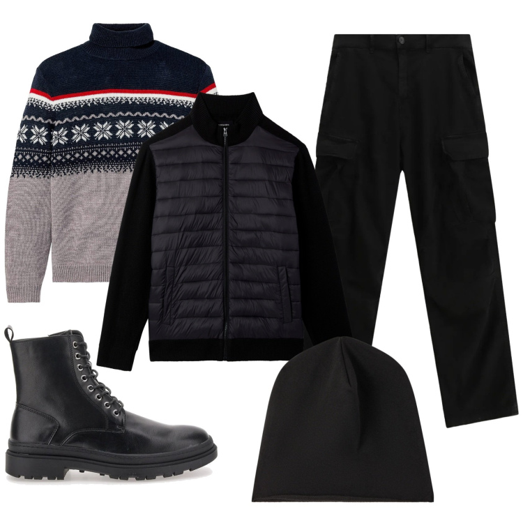 Outfit uomo - Total look #2335405. Stile Casual per Tutti i giorni. Abbinamento con maglieria, berretti, piumini, pantaloni cargo, anfibi.